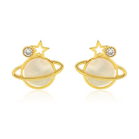 Star Planet Shell Post Earring - A pair of gold-plated Star Planet Shell Post Earrings, featuring a celestial design with a ringed planet, a star, and a white gemstone on a white background.