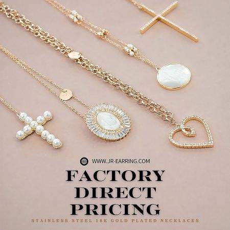 Close-up of various stainless steel 18K gold-plated necklaces available at factory direct prices.