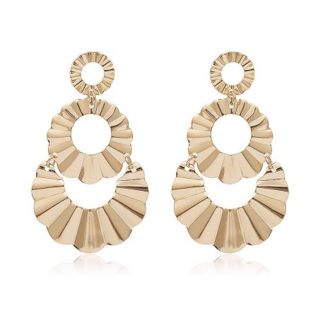 Round Statement Long Earrings - A pair of Round Statement Long Earrings (JRE-006) featuring a handcrafted, gold-plated design with pleated, interconnected components on a white background.