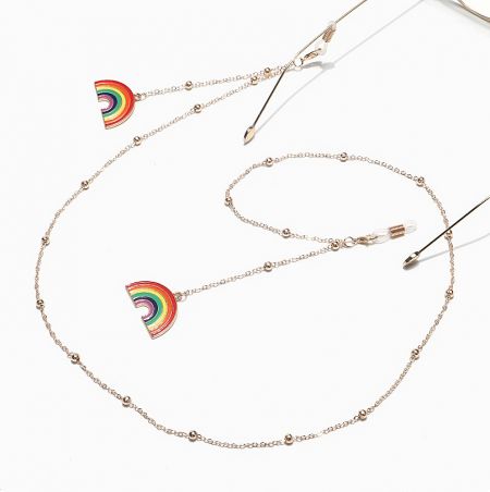 The Rainbow LGBT Pride eyeglass chain attached to a pair of glasses, displayed on a white background.