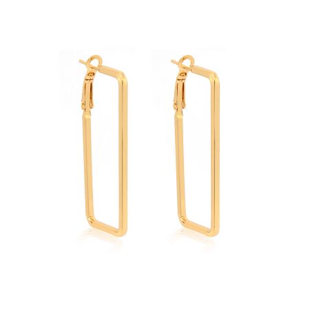 Close-up view of the Gold Finish Rectangle Hoop Earrings, highlighting the secure lever back closure.