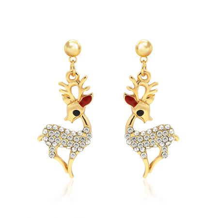 Christmas Rudolph Reindeer Ear Studs - A pair of festive Christmas Rudolph reindeer ear studs, crafted from gold-plated brass and adorned with sparkling white Czech crystals.