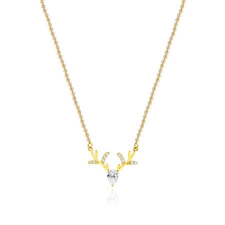 Gold Deer Necklace - Close-up of the Gold Deer Necklace, showcasing the reindeer-shaped pendant with a large teardrop cubic zirconia and smaller stones on the antlers.