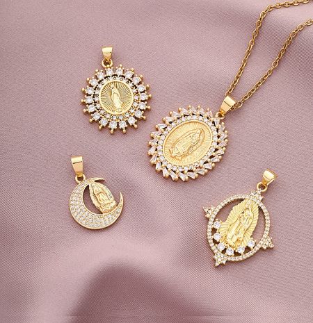 Custom Christian Necklace Jewelry for Women - A collection of custom Christian gold pendants for women, featuring various designs with Virgin Mary motifs and stone embellishments, offered by JR Fashion Accessories.