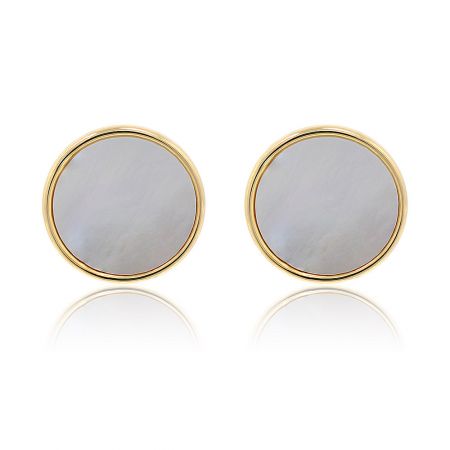 Gold Plated Round Disc Shell Studs - A pair of Gold Plated Round Disc Shell Studs with white seashell inlays, shown on a clean white background.
