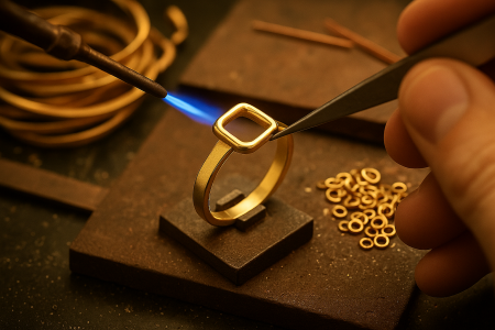 A jeweler carefully crafting a custom gold-plated brass ring with a blowtorch.