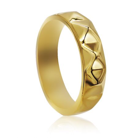 A detailed view of the Polished Diamond Cut Gold Ring, highlighting its abstract, textured design and polished gold surface.