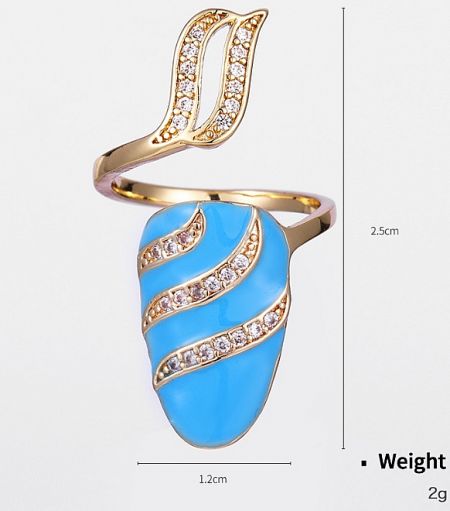 Finger Nail Ring with Enamel and Crystal - A detailed view of the JR Fashion Finger Nail Ring (JRR-022), showcasing its gold-plated finish, intricate blue stone, and surrounding crystal accents.