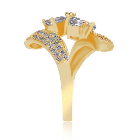 Detailed angle of the Delicate Floral Wrap Fashion Ring, emphasizing the two large clear gemstones and decorative smaller stones on the gold band.