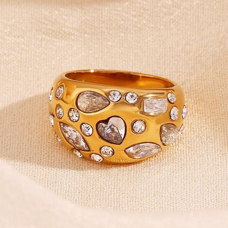 Detailed view of the gold plated zircon heart dome ring showcasing its pave setting.