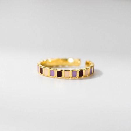 925 Sterling Silver Rings Wholesale Adjustable Color Block Enamel Geometric Everyday Jewelry Set of 5 - Close-up of a wholesale 925 sterling silver adjustable ring with a gold-plated finish and vibrant color-block enamel inlays in purple, cream, and burgundy.
