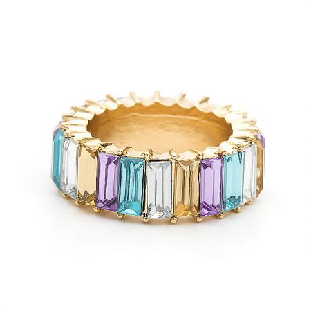 Multi-Color Baguette Eternity Stack Ring - A close-up of the multi-color baguette eternity stack ring, showcasing the vibrant, prong-set cubic zirconia stones on a rose gold-plated band.