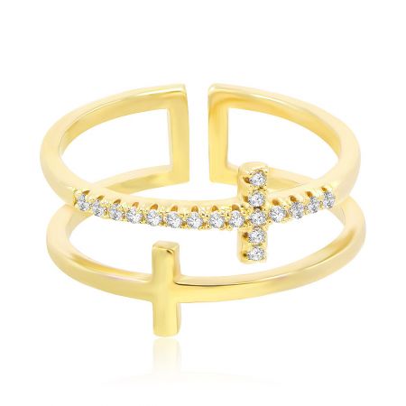 Stylish gold ring featuring a cross design with diamond accents.