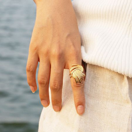 Stainless Steel Vintage Weave Twist Adjustable Rings Set of 5 - A close-up of a gold-plated stainless steel ring from the vintage weave twist set, featuring an elegant curved design.