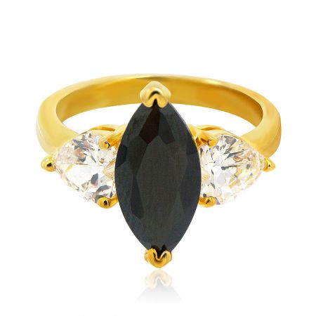 Marquise Black White Heart Gold Ring - Close-up of the Marquise Black White Heart Gold Ring, showcasing the central black marquise-cut and side white heart-shaped cubic zirconia stones on a polished gold band.