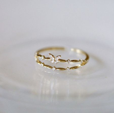 925 Sterling Silver Adjustable Butterfly Ring - A close-up of the 925 Sterling Silver Adjustable Butterfly Ring in a gold finish, highlighting the detailed butterfly design and sparkling cubic zirconia stones.