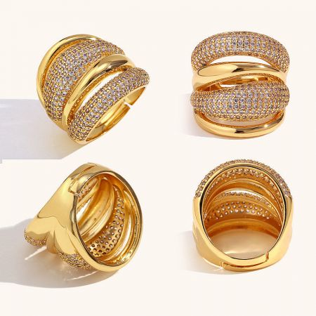 Multiple angles displaying the intricate craftsmanship of the gold plated CZ dome rings.