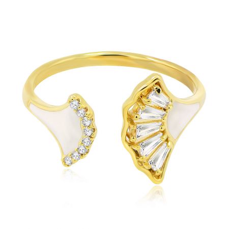 CZ Pave Enamel Fan Ring - Close-up of the CZ Pave Enamel Fan Ring, showcasing the detailed fan design with sparkling cubic zirconia stones set in gold-plated brass.