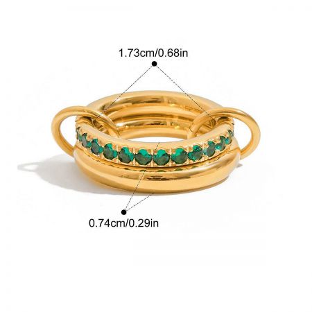A gold ring featuring vibrant green gemstones, with detailed measurements for a precise fit.