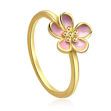 A side view of the Pinky Cherry Bloom Gold Plated Ring, showcasing the detailed pink enamel work.