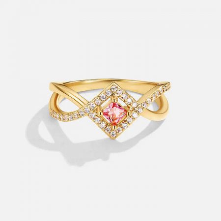 Pink Crystal & Rhinestone 925 Sterling Silver Ring Set - A close-up of the 925 sterling silver ring with 18K gold plating, featuring a central pink square-cut zircon surrounded by sparkling diamond-like zircons.