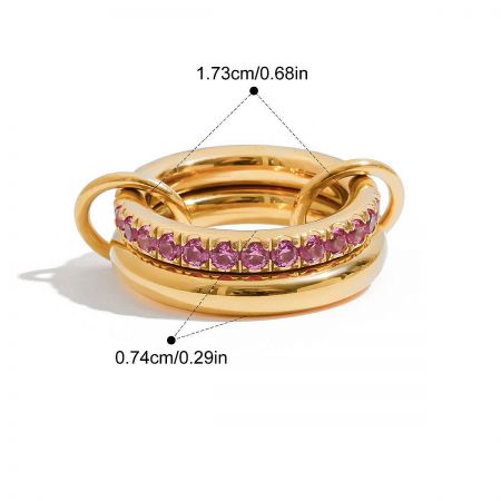 Close-up of the gold ring with pink gemstones, with dimensions indicating a height of 1.73cm.