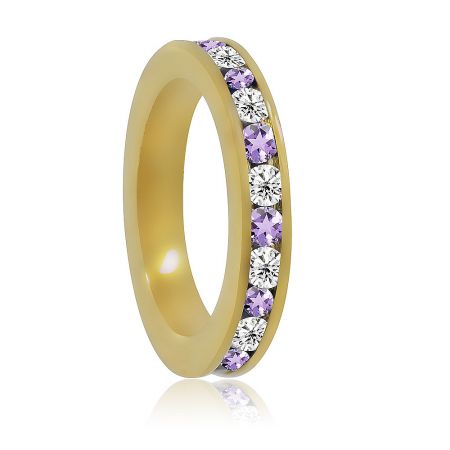 Side view of the gold-plated Purple and White Eternity Ring, highlighting the sparkling cubic zirconia gems.