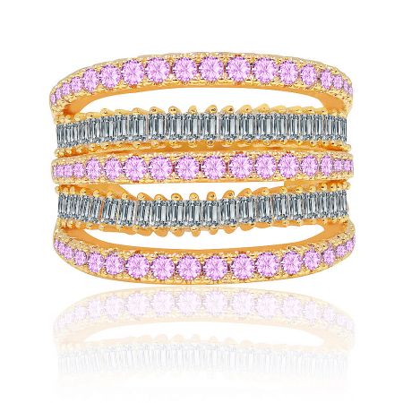 Stun The Crowd Bling Ring - Stun The Crowd Bling Ring, a gold-plated brass ring with a multi-band design encrusted with princess-cut cubic zirconia gemstones.