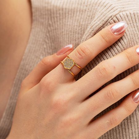 Stainless Steel Gold Double Layer Pave Cubic Zirconia Open Rings Set of 5 - A stunning gold-plated stainless steel open ring from a set of five, featuring a square-shaped cluster of pave cubic zirconia.