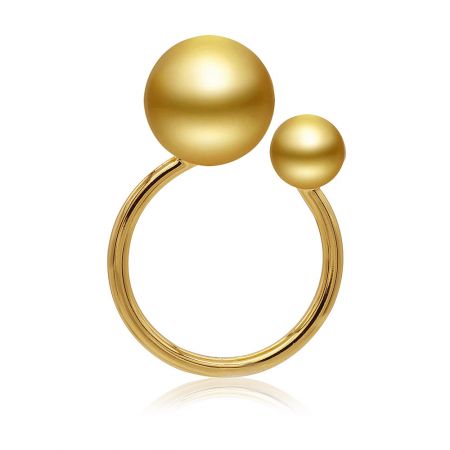 Gold Plated Double Ball Cuff Ring - Close-up of the Gold Plated Double Ball Cuff Ring, showcasing its polished finish and unique adjustable design with two spheres.