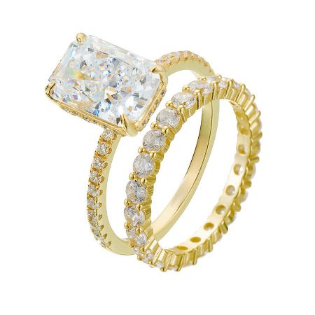 Taylor Swift Inspired 2-Piece Bridal Set with Cushion Cut CZ Engagement Ring - Taylor Swift inspired 2-piece bridal set in gold-plated 925 sterling silver, featuring a cushion cut CZ engagement ring and a matching eternity band.