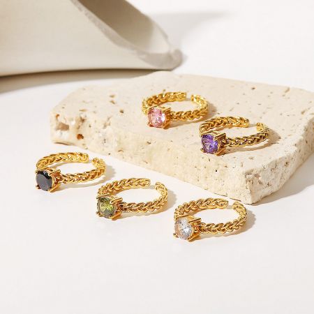 Gold-Plated Stainless Steel Cubic Zirconia Open Rings (Set of 5) - A set of five gold-plated stainless steel open rings, each featuring a different colored cubic zirconia gemstone, displayed on a clean white background.