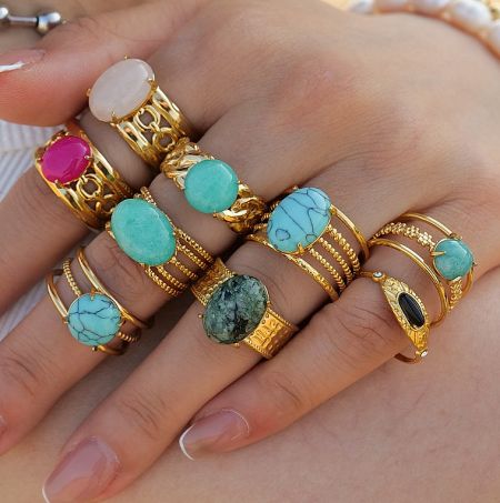 Stainless Steel Natural Stone Ring - Wholesale Gemstone Rings - A vibrant collection of gold-plated stainless steel rings featuring various colorful natural gemstones, offered wholesale by JR Fashion Accessories.