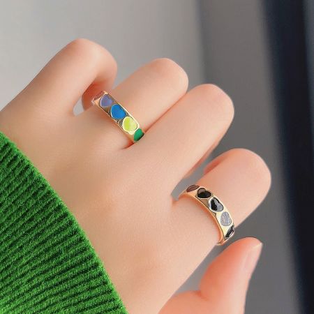 Gold-Plated Heart Pattern Enamel Open Finger Rings - Set of 5 - A set of five gold-plated heart pattern enamel open finger rings, with two rings featured prominently showing colorful and monochrome stone details.