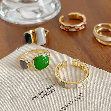 Retro Gold Plated Square Enamel Color Open Adjustable Rings Set of 5 - A collection of retro gold-plated square enamel adjustable rings, showcasing the set of five with various colored stones.