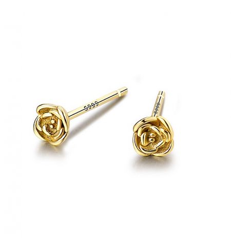 Gold-plated version of the rose stud earrings, highlighting the warm, luxurious finish.