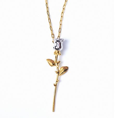 Dainty Two Tone Rose Necklace - Close-up of the Dainty Two Tone Rose Necklace, showcasing the gold rose stem pendant with a sparkling crystal bead on a delicate chain.