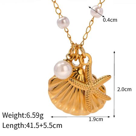 Detailed shot of the gold seashell pendant with starfish and pearl, showing product dimensions.