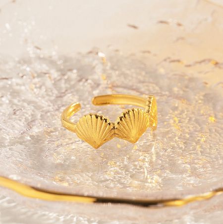 Product shot of the adjustable gold shell finger band ring.