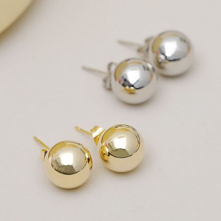French Style Brass 12mm Ball Stud Earrings (5 Pairs) - A pair of gold and a pair of silver French style 12mm ball stud earrings displayed on a clean white background.