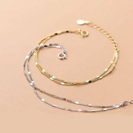925 Sterling Silver Two Layer Chain Bracelet Set of 5 - A set of 925 sterling silver two-layer chain bracelets, showcasing both the gold and silver color options against a neutral background.