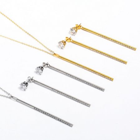 Gold and silver options for the wholesale bar dangle necklace and earring set with crystal details.