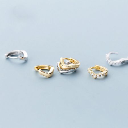 Sterling Silver Tiny Small Wave V-Shape Huggie Helix Hoop Earrings (5 Pairs) - A collection of Sterling Silver Tiny Wave V-Shape Huggie Helix Hoop Earrings, displayed in both gold and silver finishes and various styles.