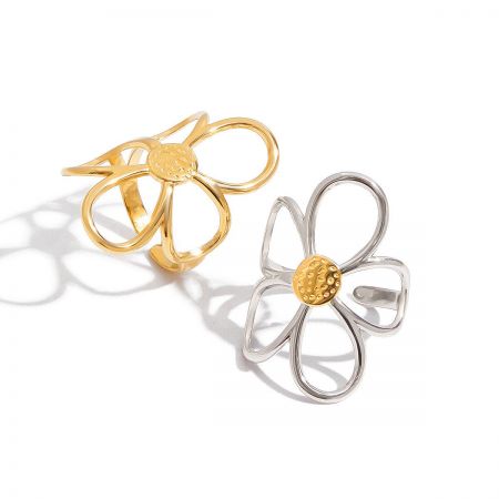 Set of 5 Open Daisy Rings Adjustable Size Non Tarnish Stainless Steel Everyday Jewelry - A set of two open daisy rings in gold and silver tone, made from non-tarnish stainless steel, showcasing the delicate floral design.