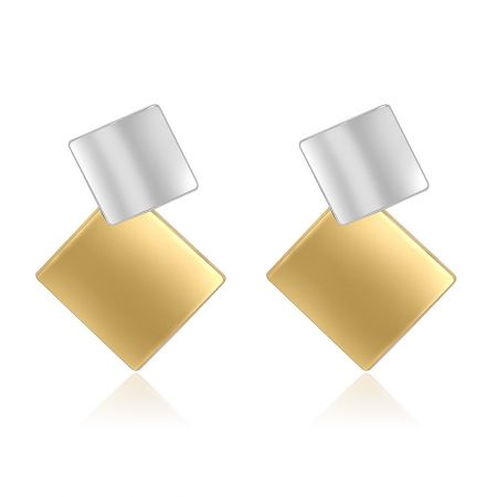 Two-Tone Geometric Double Square Earrings - A pair of modern two-tone geometric double square earrings, showcasing a stylish combination of gold and silver finishes on a white background.