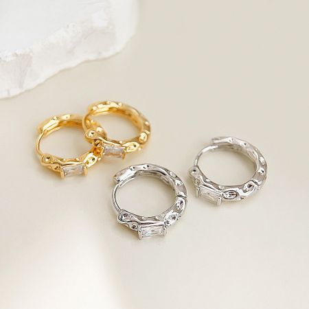 Hammered Surface Rectangle Zircon Huggie Hoop Earrings (5 Pairs) - A set of hammered surface huggie hoop earrings in both gold and silver finishes, each featuring a rectangular zircon gemstone.