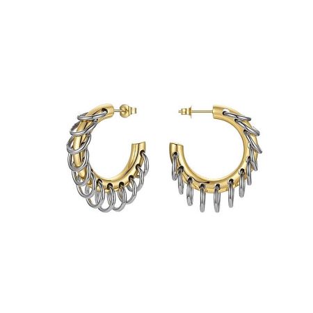 Stainless Steel Punk Two-Tone Chain Tassel Hoop Earrings (Set of 5 Pairs) - A pair of stainless steel punk hoop earrings with a two-tone gold and silver design, featuring dangling chain tassels, on a clean white background.