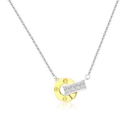 Zirconia Round Disc Pendant Necklace - Close-up of the Zirconia Round Disc Pendant Necklace, showcasing the two-tone design with a circular gold piece interlocked with a silver, zirconia-studded component.