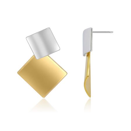 Side view of the two-tone geometric earrings, highlighting the dual gold and silver plating.
