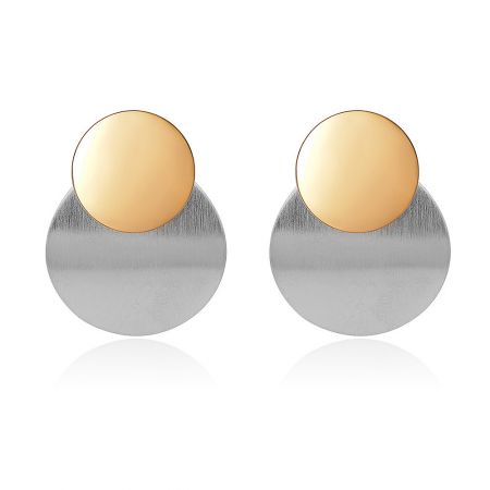 Two Tone Polished Geometric Round Discs Earrings - A pair of Two-Tone Polished Geometric Round Discs Earrings, showcasing a modern design with both gold and silver matte finishes on a clean white background.
